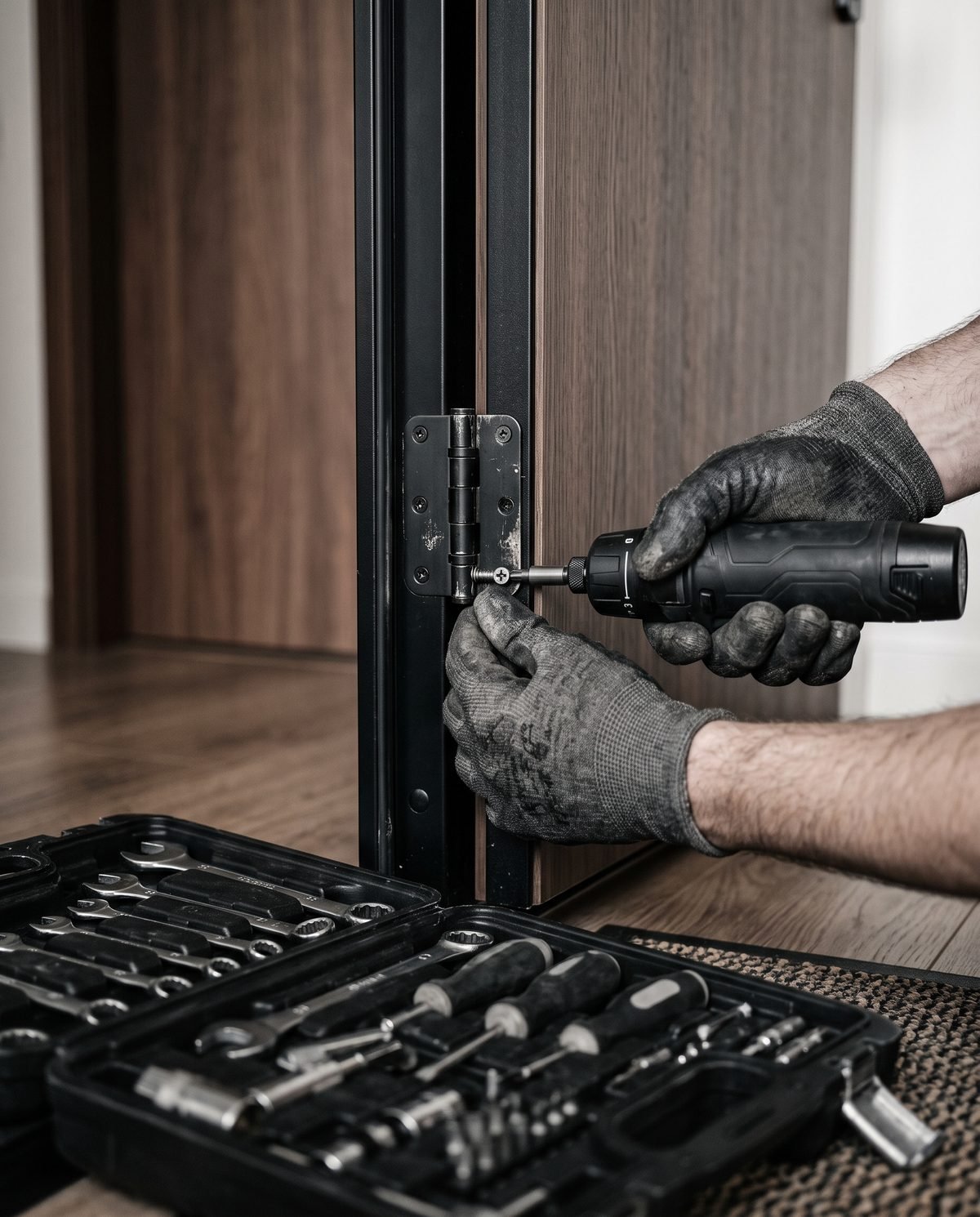 Hände mit Arbeitshandschuhen justieren ein Türband