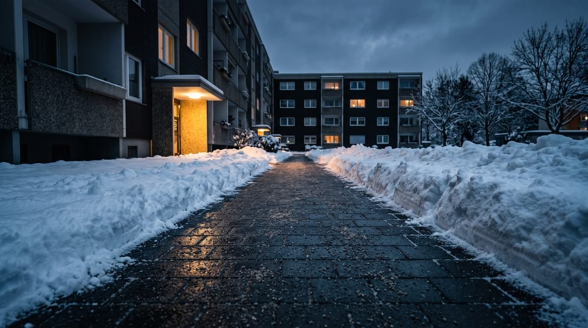 Geräumter und gestreuter Gehweg vor einem Wohnhaus im Morgengrauen